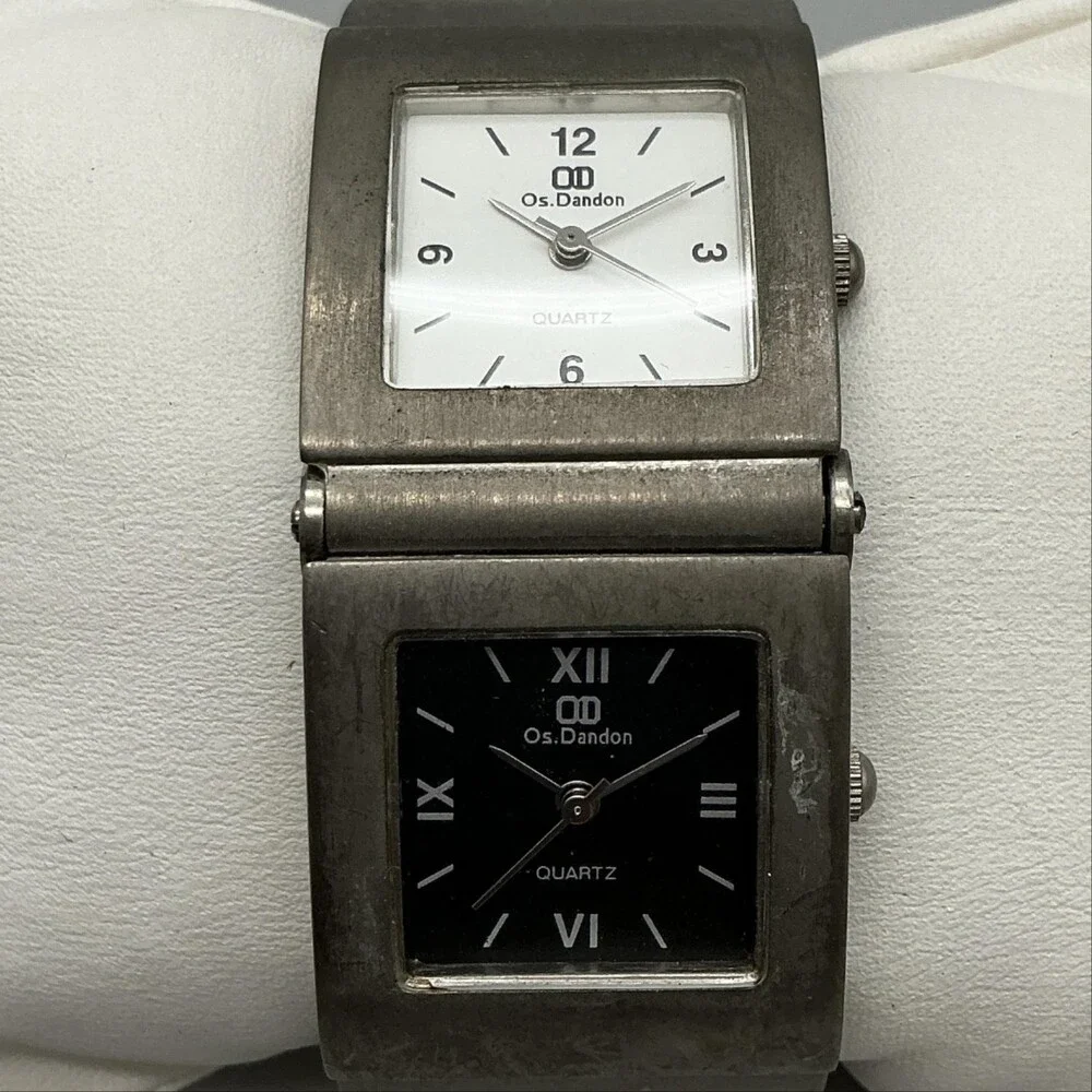 Os.Dandon Womens Watch 25mm Dual Time White Black Bracelet New Battery 7.75